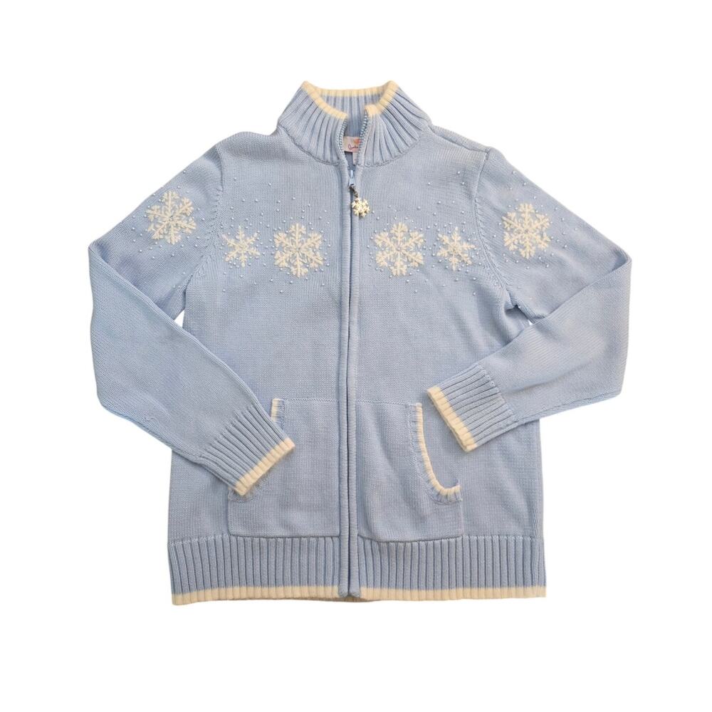 Quacker Factory Winter Snowflake Full Zip Cardigan Sweater Angora Trim M Granny